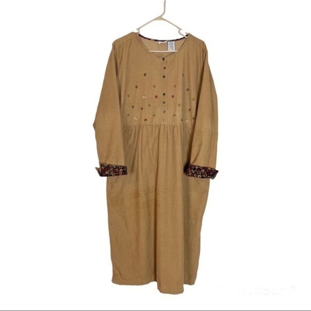Vintage corduroy Fall dress country embroidered leaves size XL‎ primitive modest
